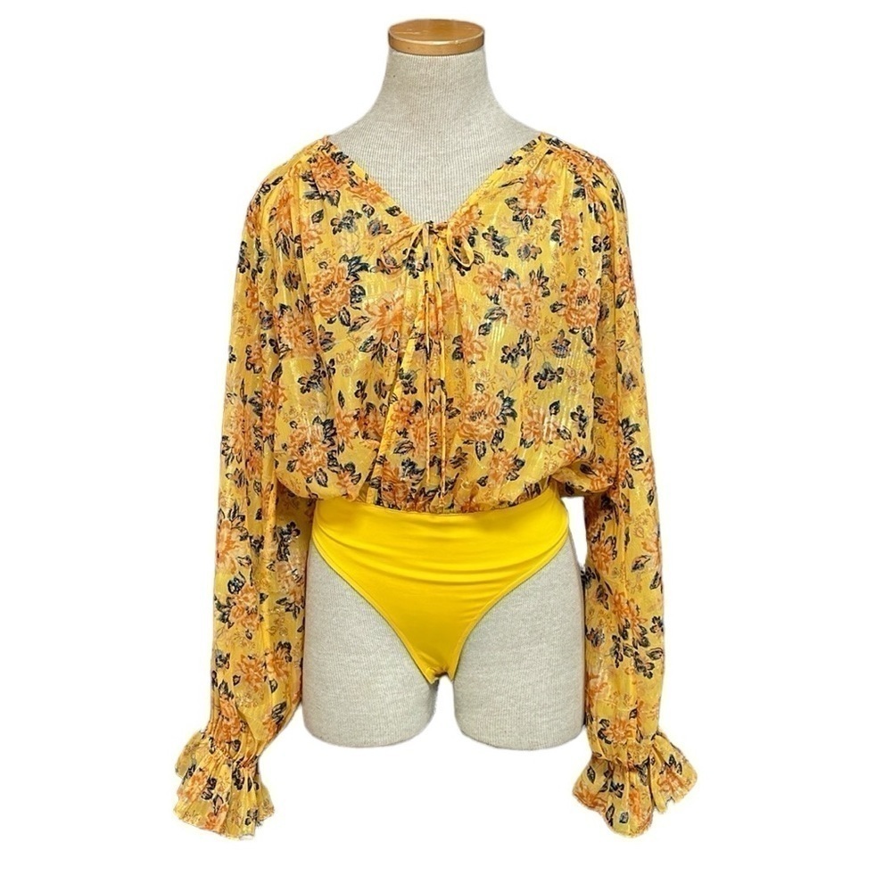 Tularosa Bodysuit Women's X Small XS Yellow Floral Long Sleeve Metallic